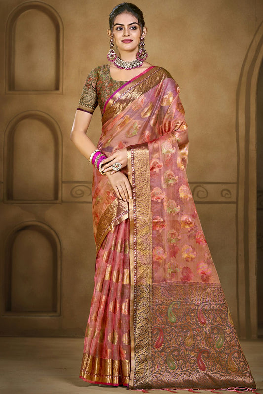 Baby Pink Colour Organza Woven Work Traditional Saree