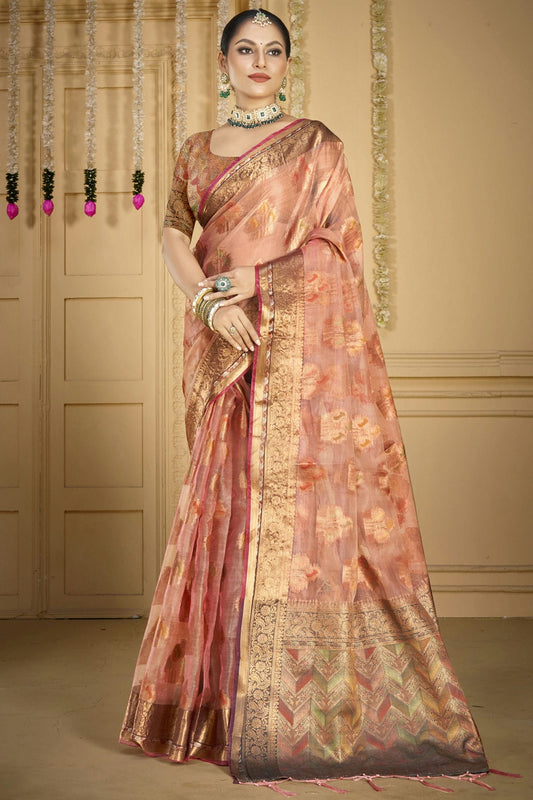 Baby Pink Colour Organza Woven Work Traditional Saree