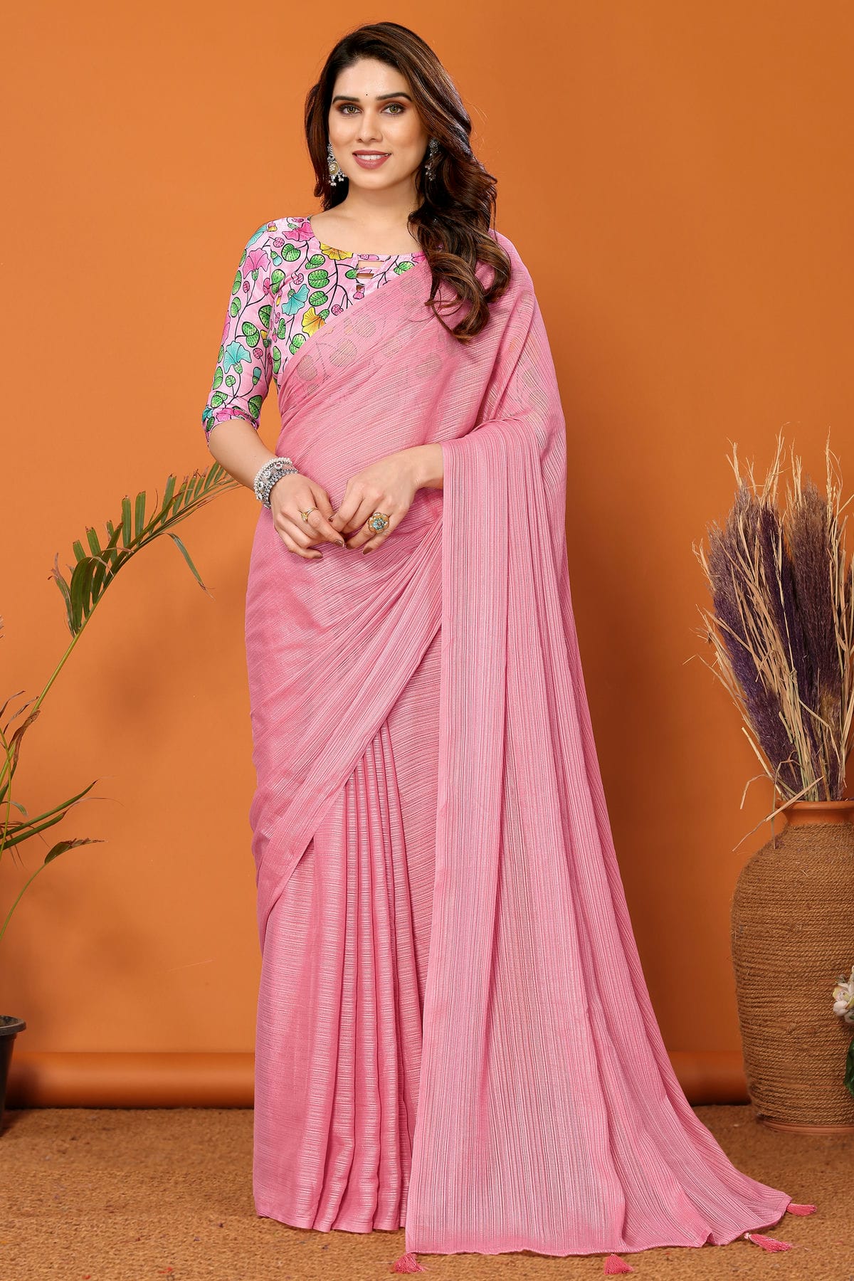 Baby Pink Colour Polyester Printed Saree