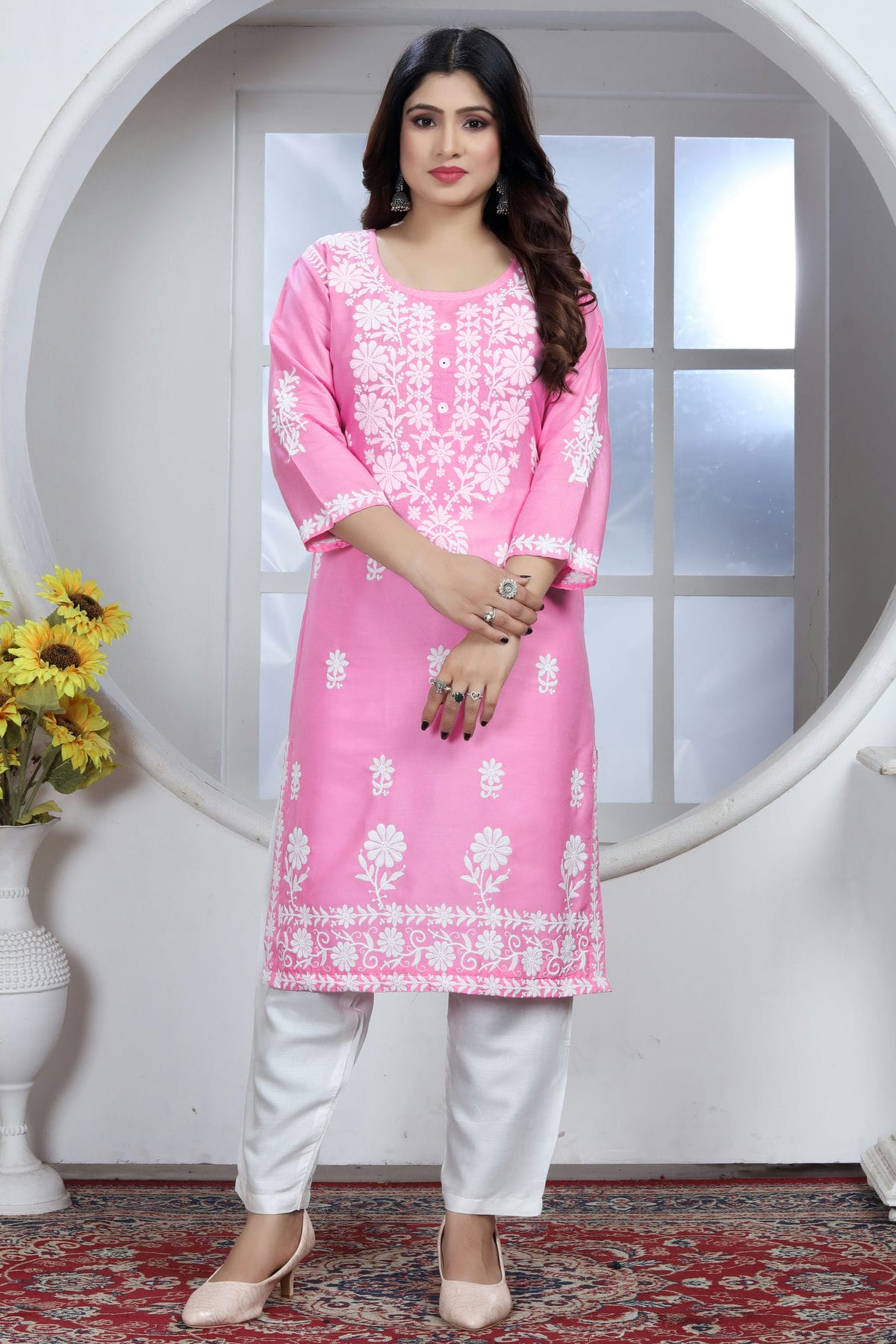 Baby Pink Colour Rayon Kurta And Pant Set