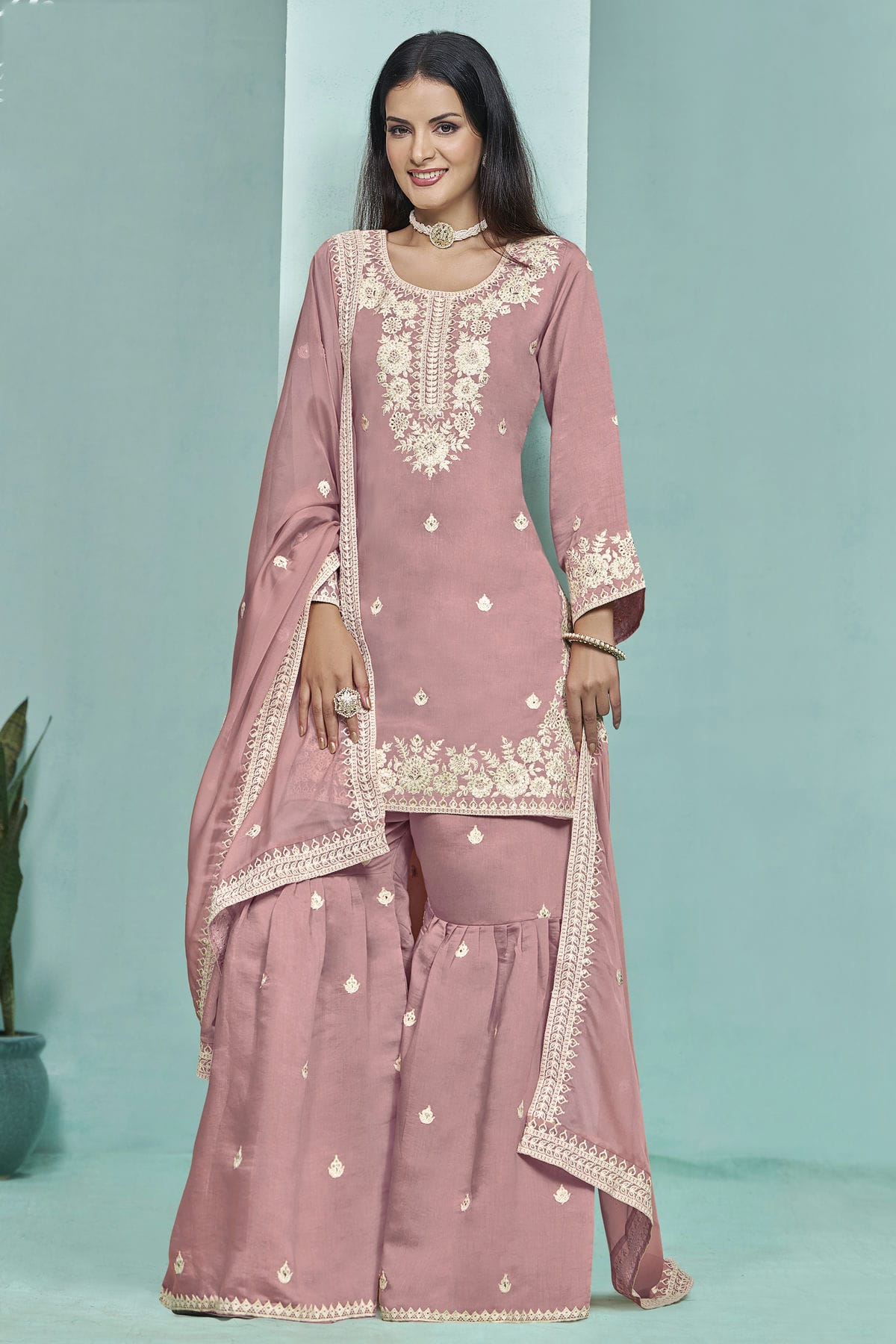 Baby Pink Colour Roman Silk Sharara Suit