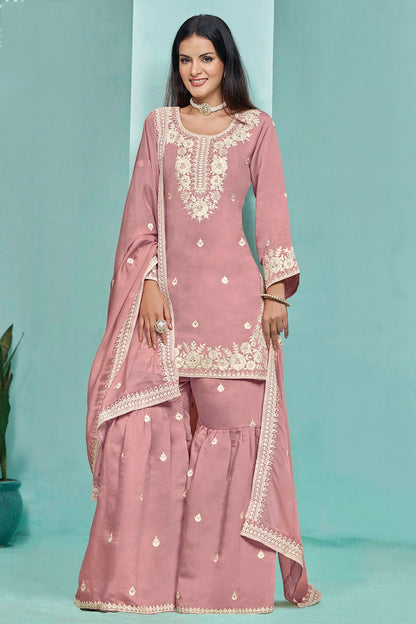 Baby Pink Colour Roman Silk Sharara Suit