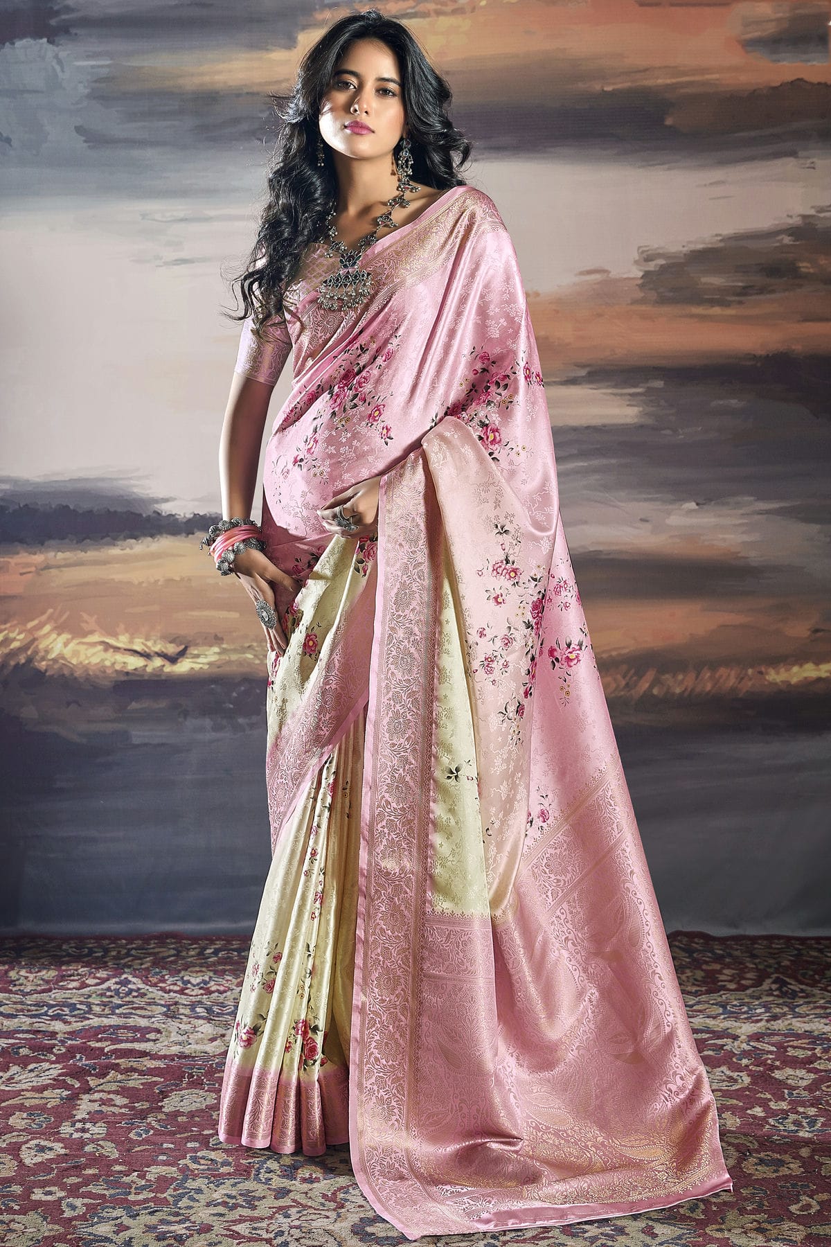 Baby Pink Colour Satin Traditional Saree