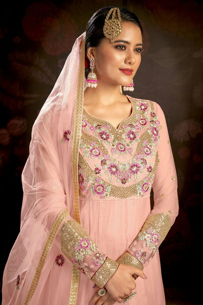 Baby Pink Colour Semi Stitched Butterfly Net Anarkali Suit