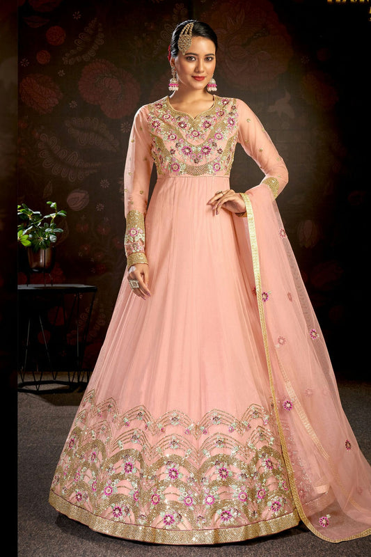 Baby Pink Colour Semi Stitched Butterfly Net Anarkali Suit