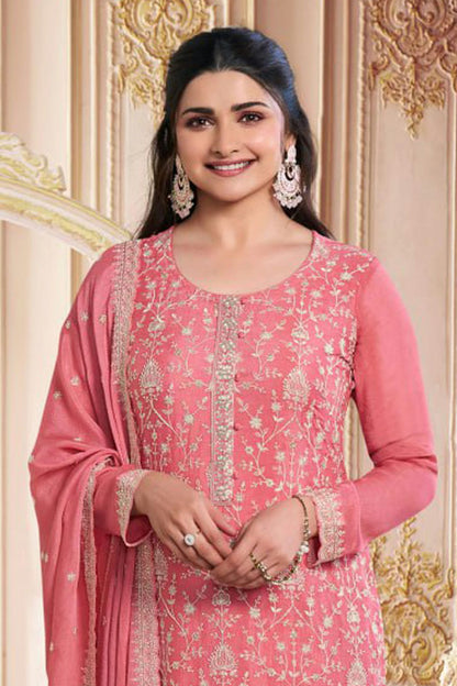 Baby Pink Colour Semi Stitched Chinon Silk Pant Style Suit