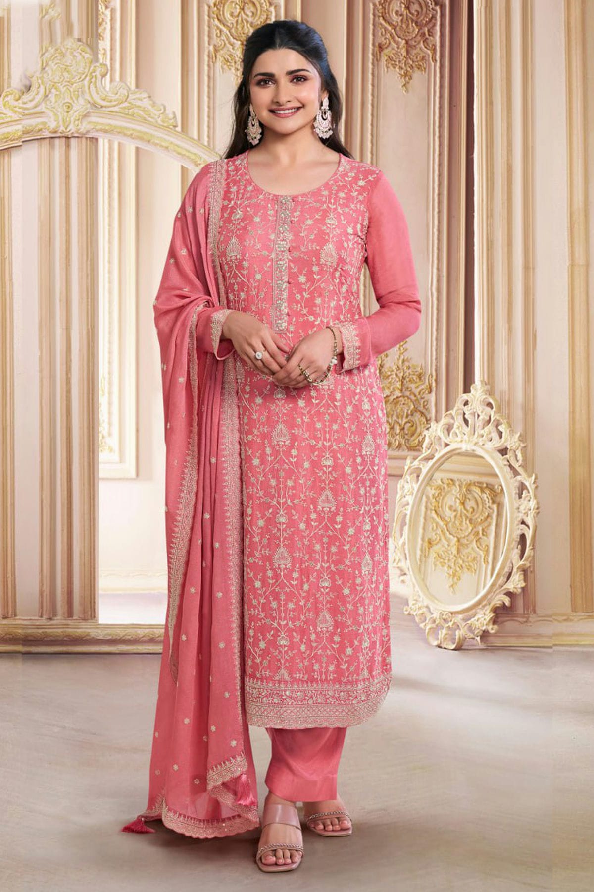 Baby Pink Colour Semi Stitched Chinon Silk Pant Style Suit