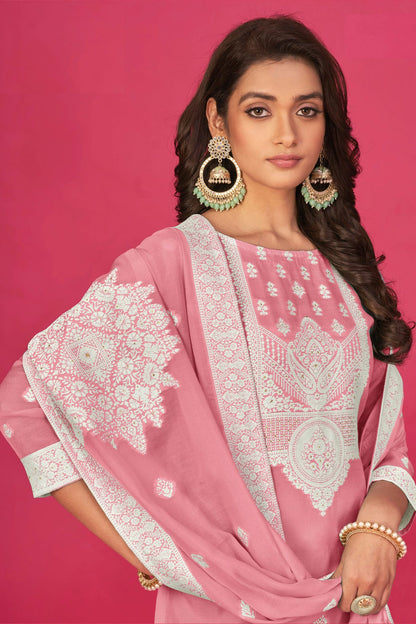 Baby Pink Colour Semi Stitched Jacquard Straight Suit