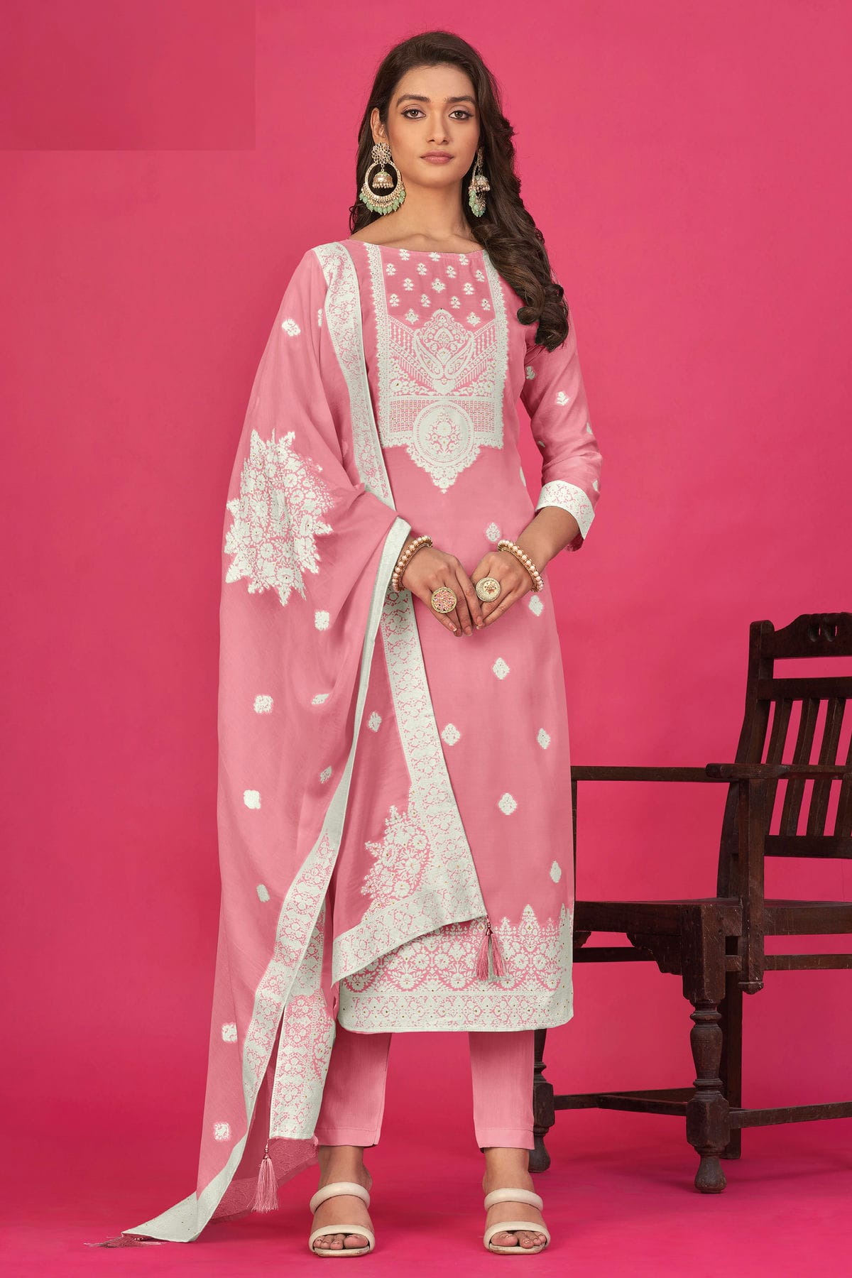 Baby Pink Colour Semi Stitched Jacquard Straight Suit