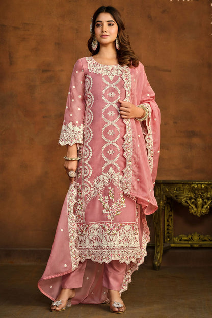 Baby Pink Colour Semi Stitched Organza Pant Style Suit