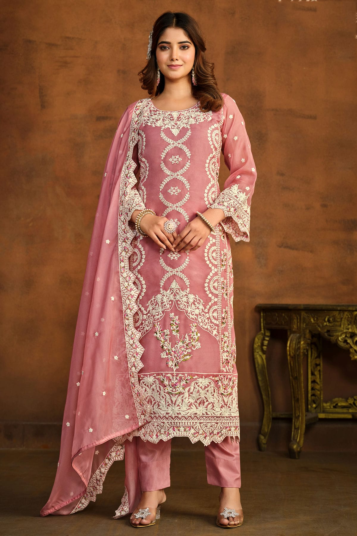 Baby Pink Colour Semi Stitched Organza Pant Style Suit