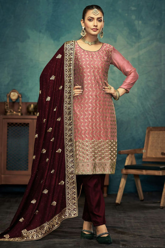 Baby Pink Colour Semi Stitched Vichitra Silk Pant Style Suit