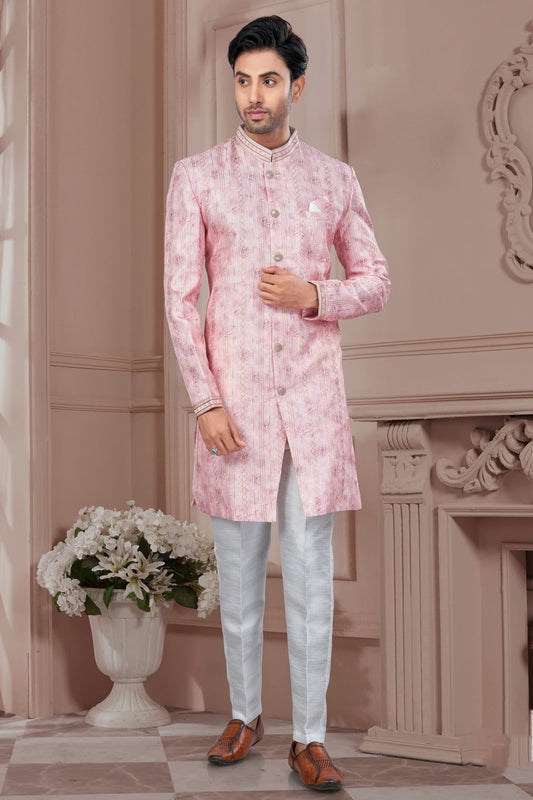 Baby Pink Colour Silk Dupion Sherwani