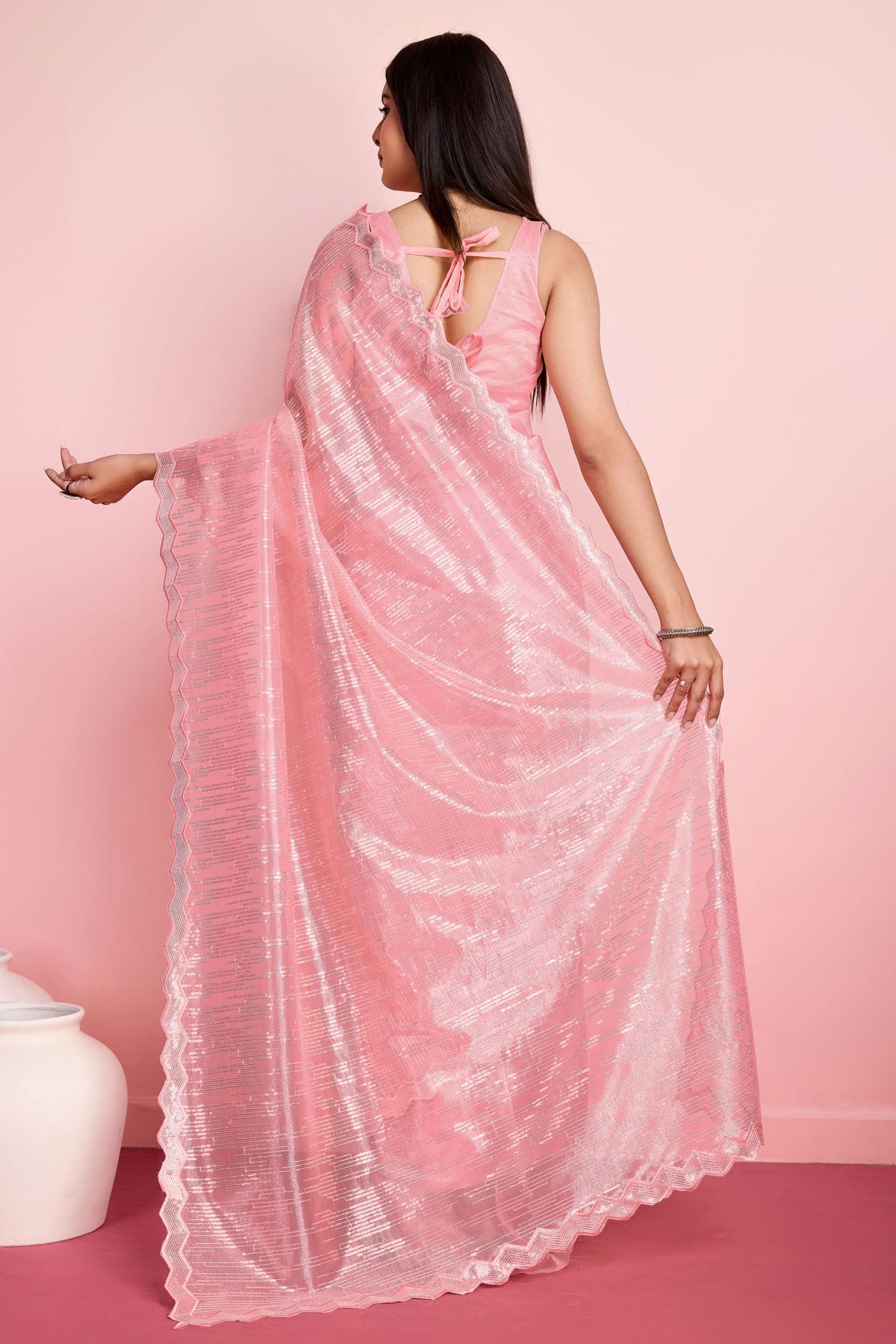 Baby Pink Colour Silver Twill Net Saree