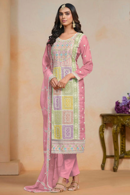 Baby Pink Colour Soft Organza Semi Stitched Pant Style Suit VSSM1050620