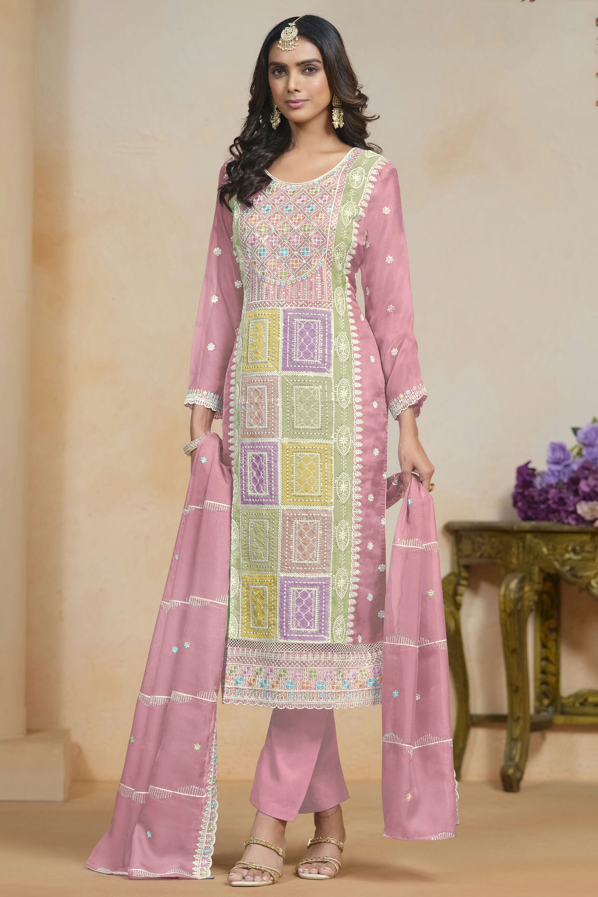 Baby Pink Colour Soft Organza Semi Stitched Pant Style Suit