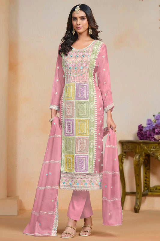 Baby Pink Colour Soft Organza Semi Stitched Pant Style Suit