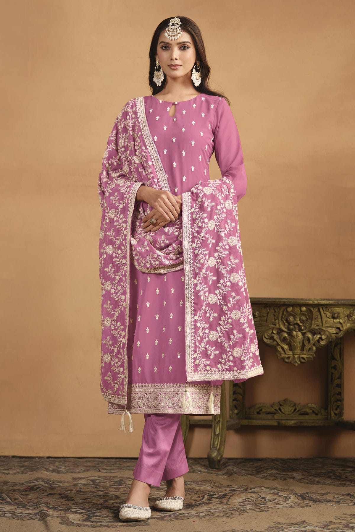 Baby Pink Colour Straight Suit Faux Georgette Semi Stitched