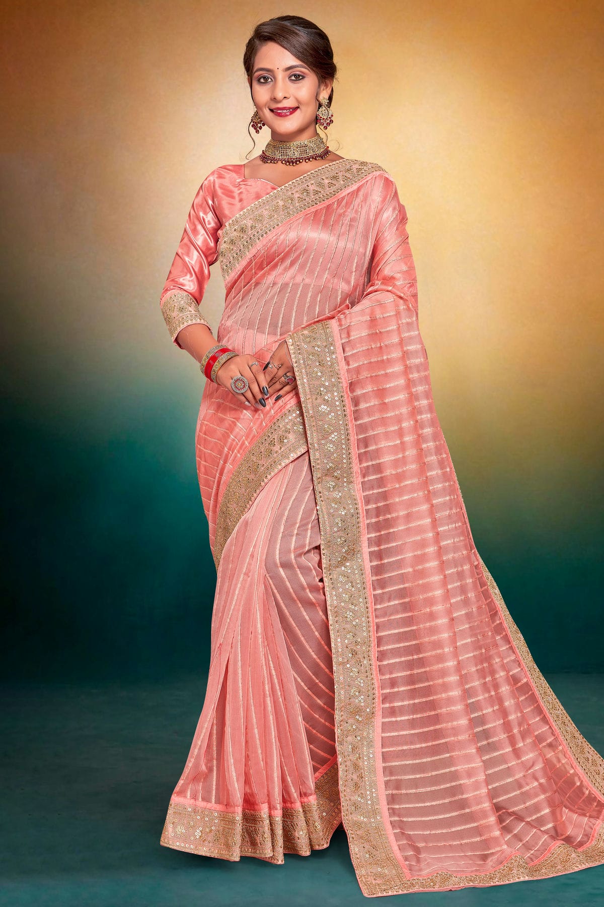 Baby Pink Colour Tissue Designer Saree