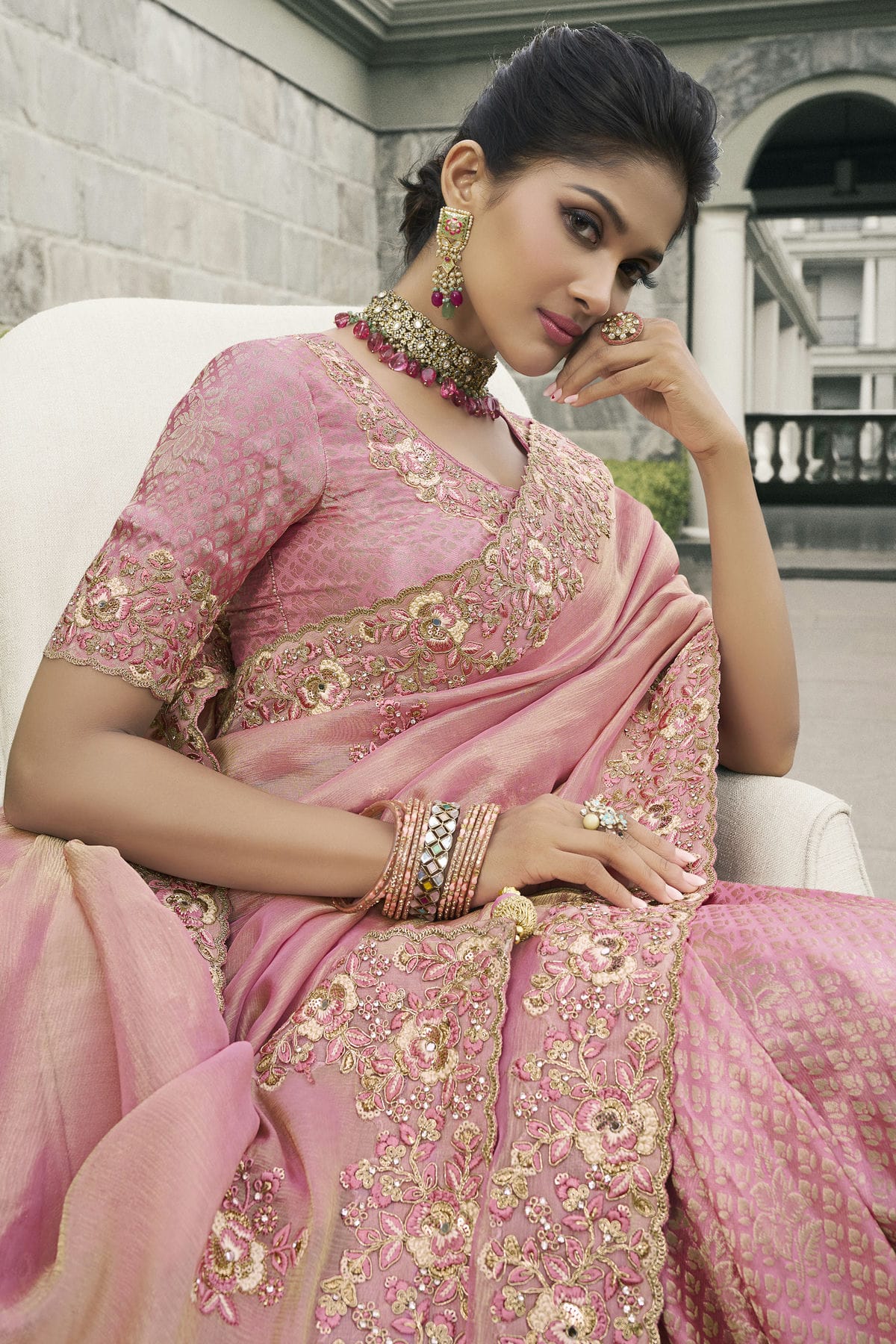 Baby Pink Colour Tissue Silk Designer Saree