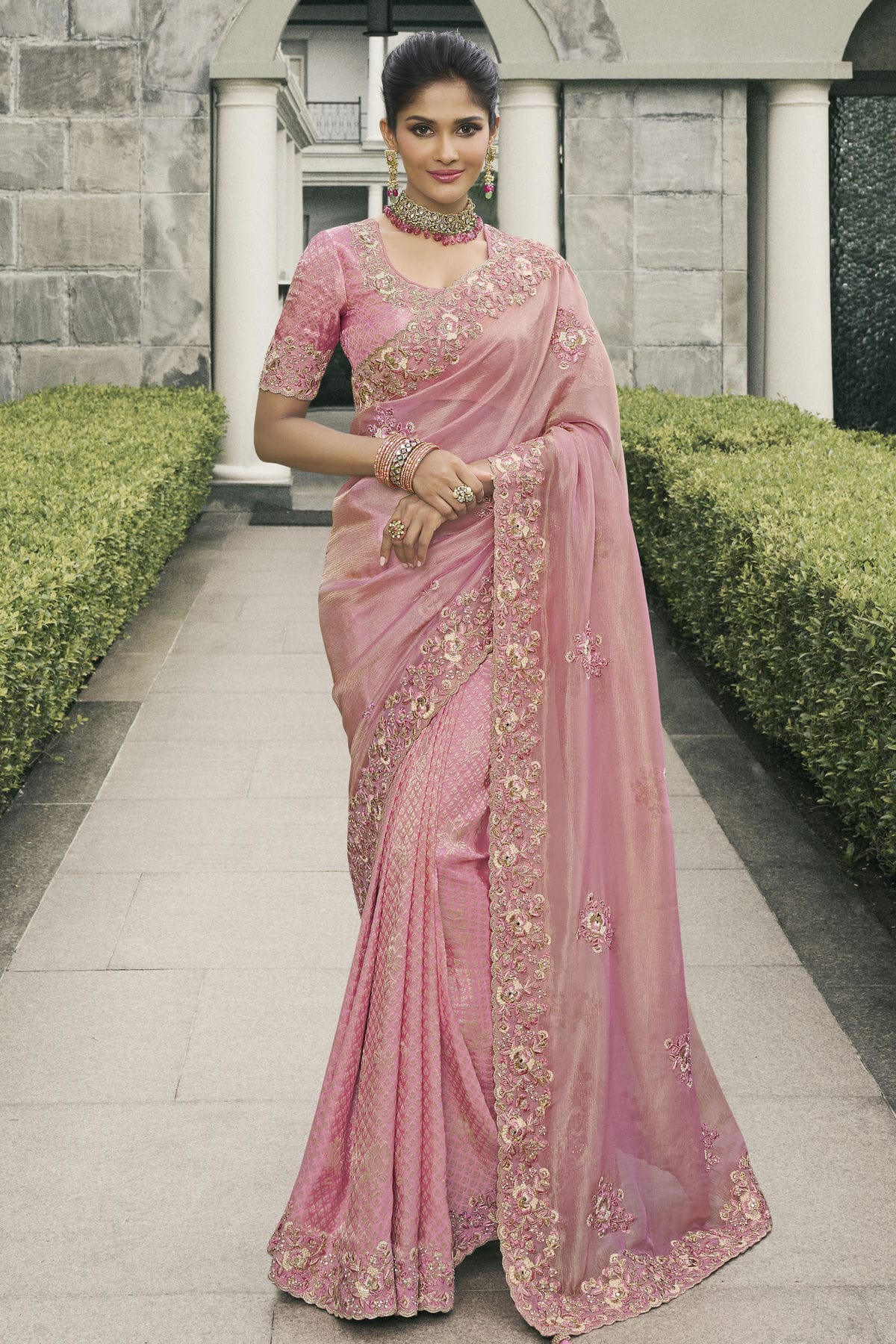 Baby Pink Colour Tissue Silk Designer Saree