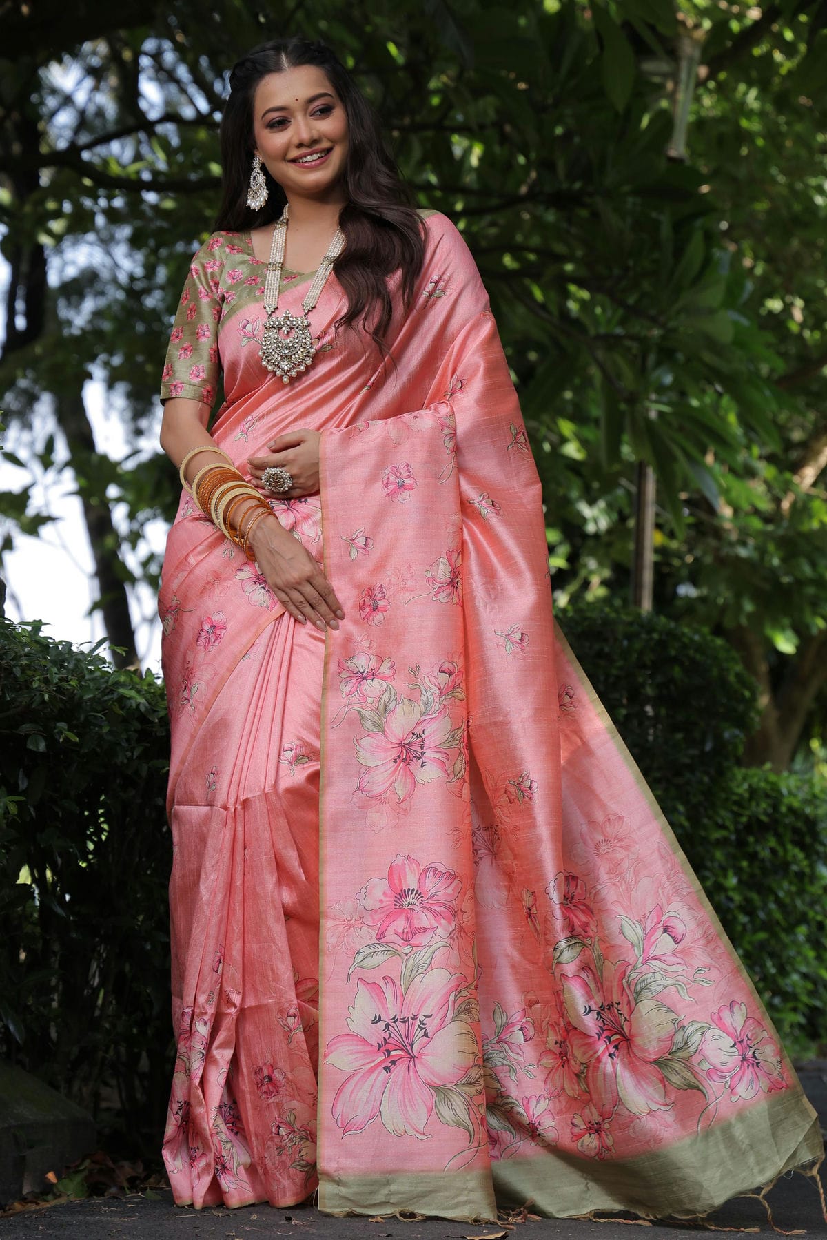 Baby Pink Colour Tussar Silk Digital Printed Saree