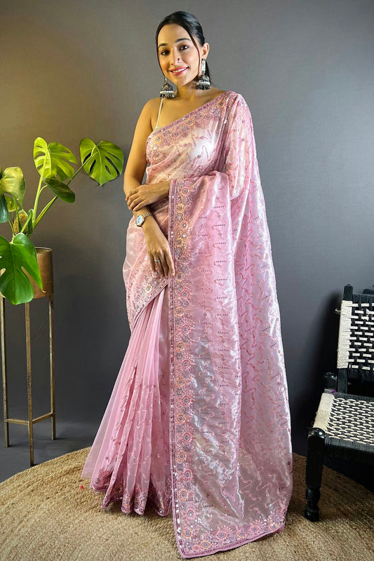 Baby Pink Colour Twill Net Designer Saree