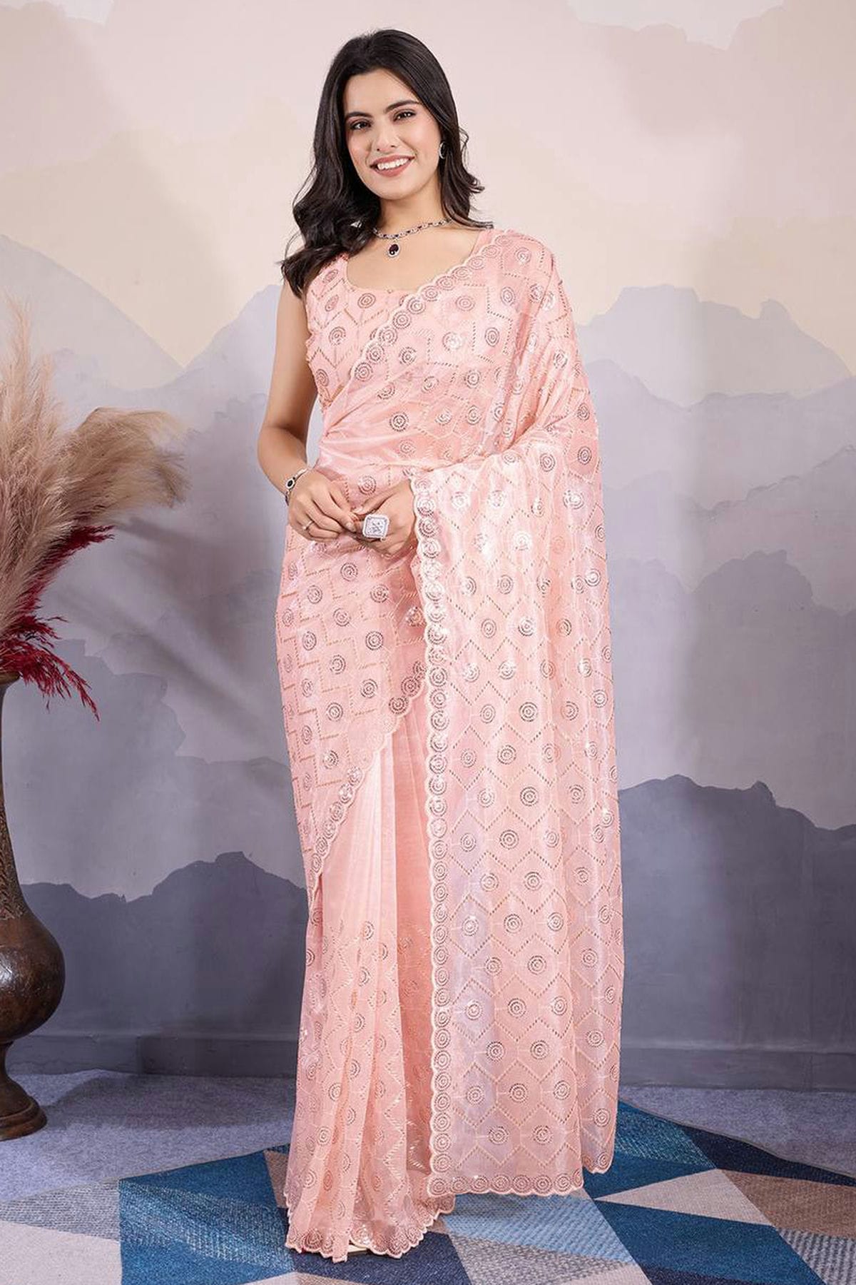 Baby Pink Colour Twill Net Sequins Work Saree