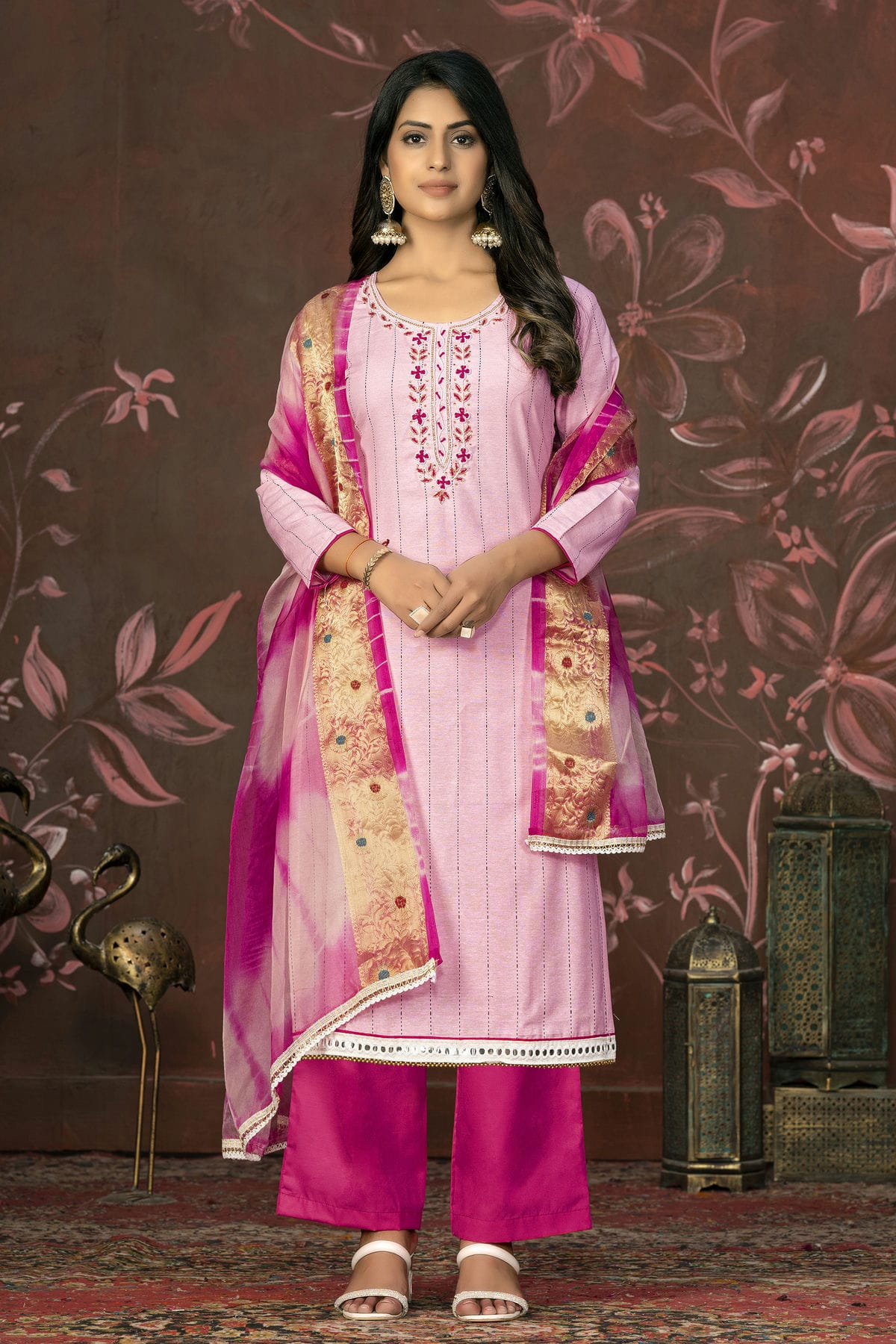 Baby Pink Colour Unstitched Cambric Cotton Plazzo Pant Suit