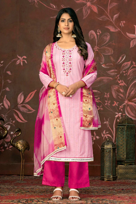 Baby Pink Colour Unstitched Cambric Cotton Plazzo Pant Suit