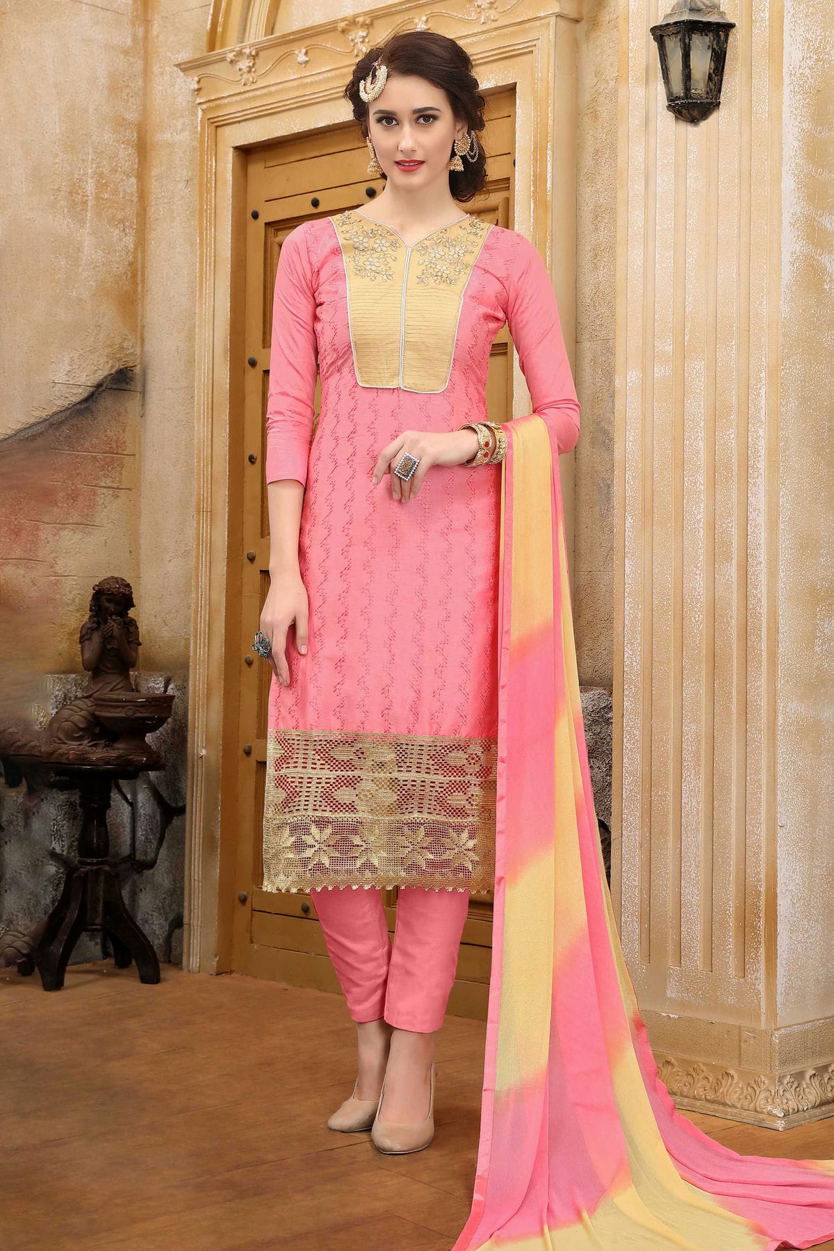 Baby Pink Colour Unstitched Cotton Straight Suit