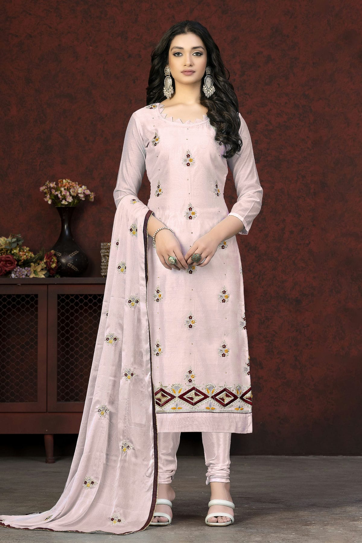 Baby Pink Colour Unstitched Modal Chanderi Churidar Suit