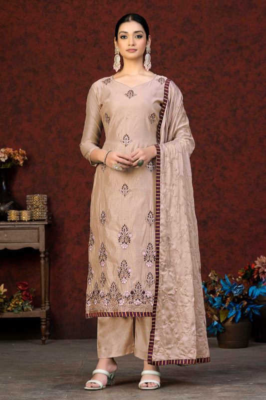 Baby Pink Colour Unstitched Modal Chanderi Fabric Straight Suit