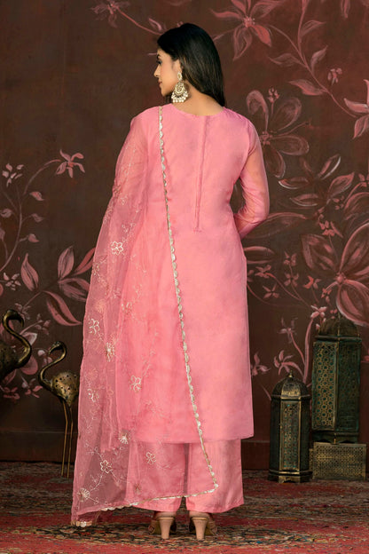 Baby Pink Colour Unstitched Organza Pant Style Suit