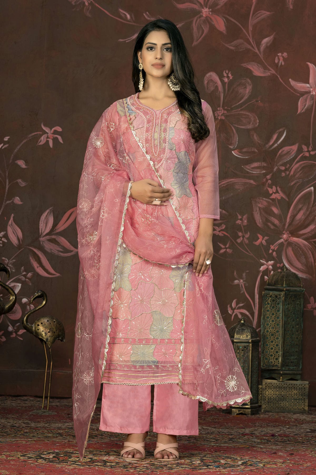 Baby Pink Colour Unstitched Organza Pant Style Suit