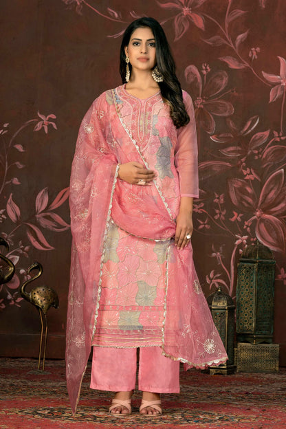 Baby Pink Colour Unstitched Organza Pant Style Suit