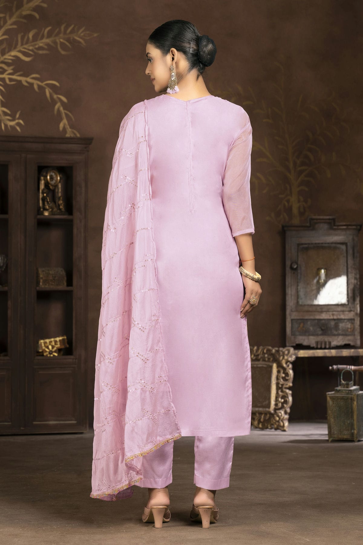 Baby Pink Colour Unstitched Organza Pant Style Suit