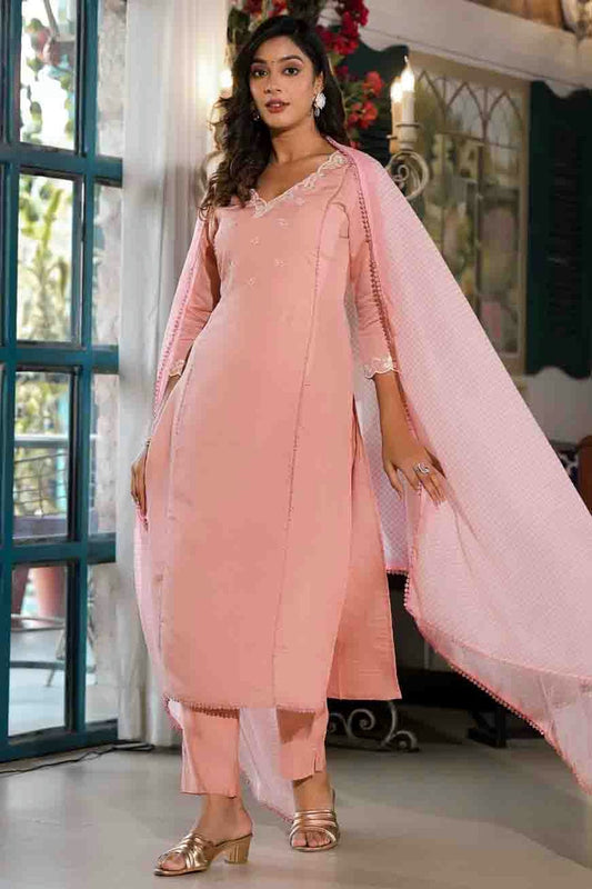 Baby Pink Colour Viscose Silk Stitched Pant Style Suit VSSS1140739