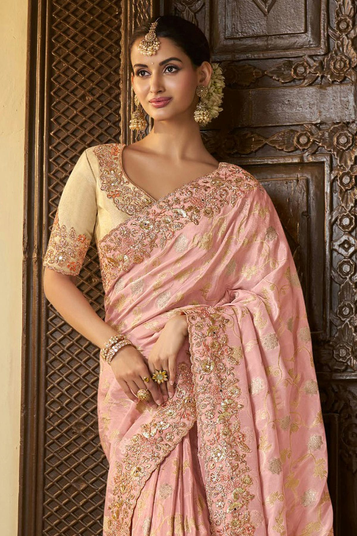 Baby Pink Colour Viscose Tissue Designer Saree