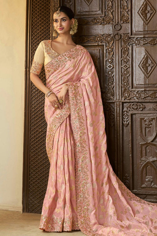 Baby Pink Colour Viscose Tissue Designer Saree