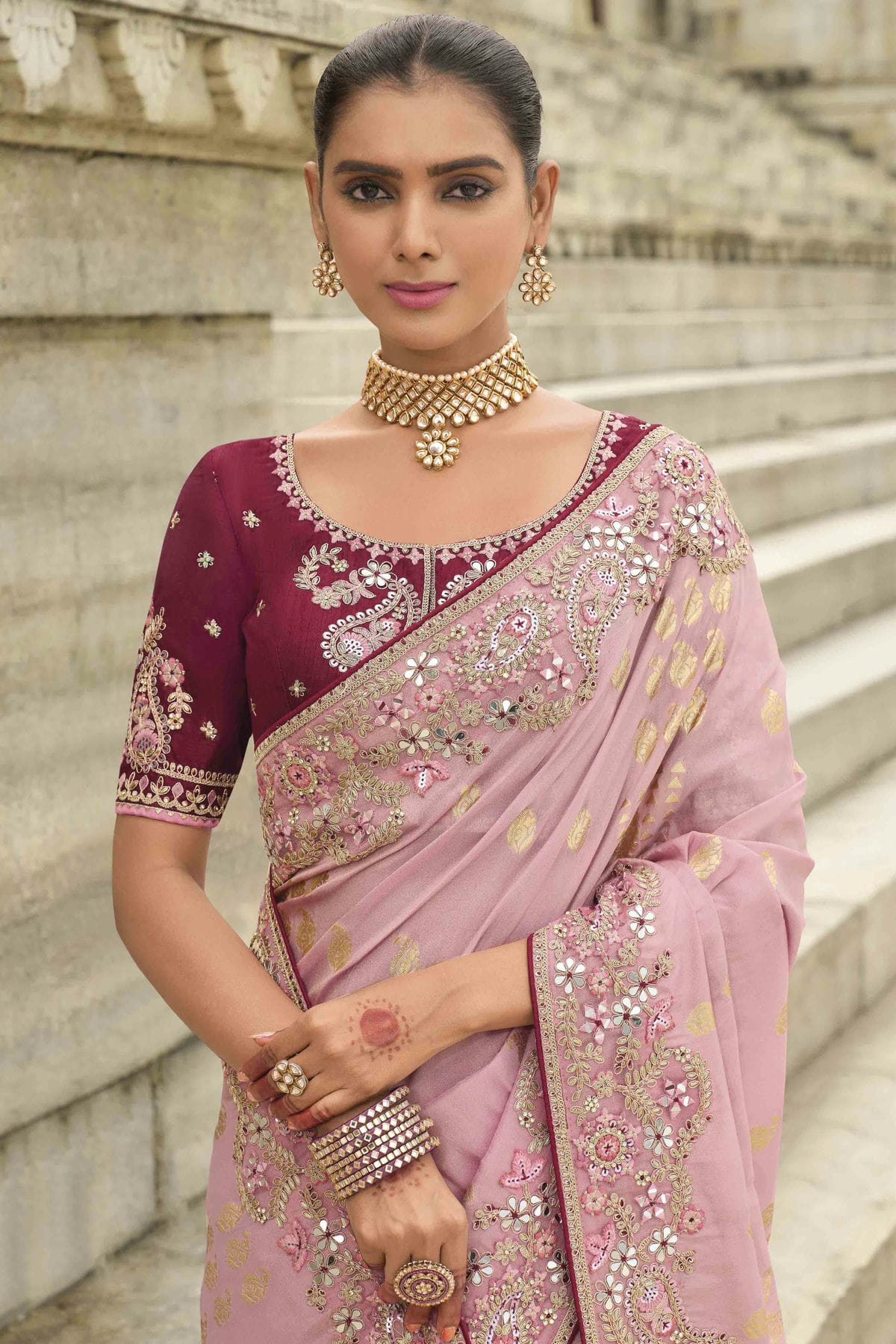 Baby Pink Colour Viscose Tissue Silk Designer Saree VSSD1112654