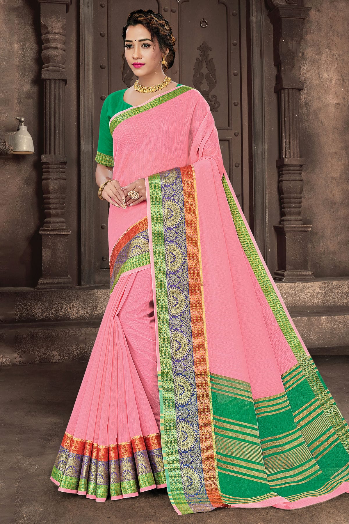 Baby Pink Colour Woven Work Cotton Handloom Saree