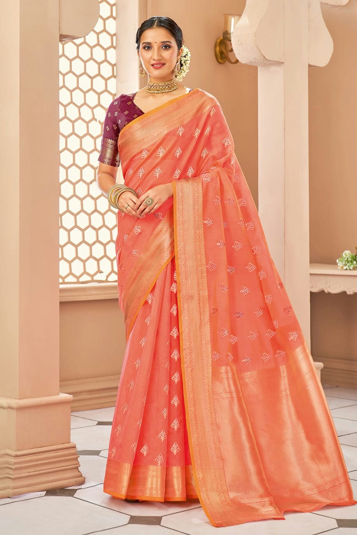 Baby Pink Colour Woven Work Cotton Saree