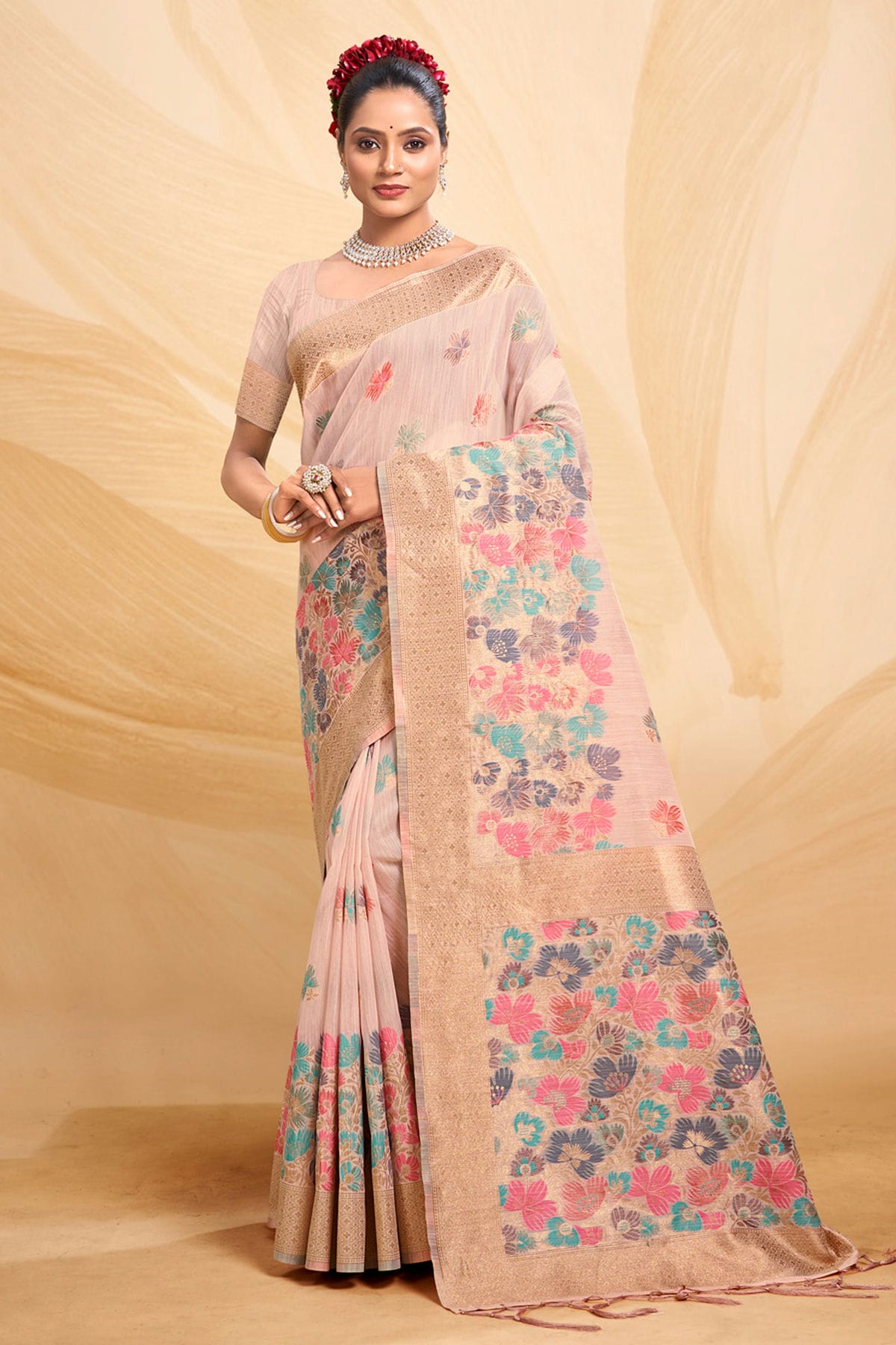 Baby Pink Colour Woven Work Cotton Saree