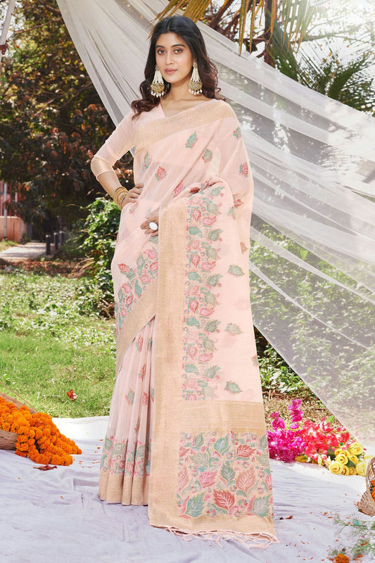 Baby Pink Colour Woven Work Cotton Saree