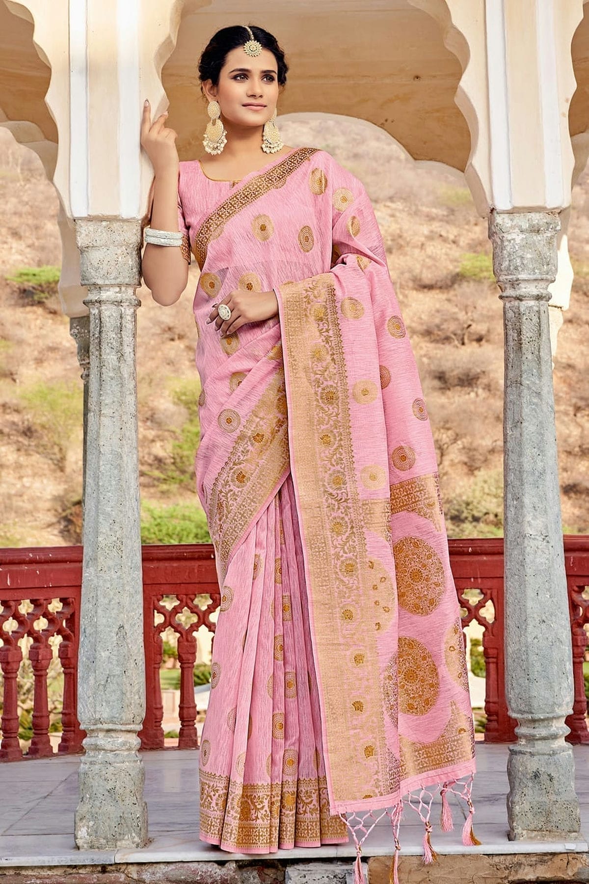 Baby Pink Colour Woven Work Linen Saree