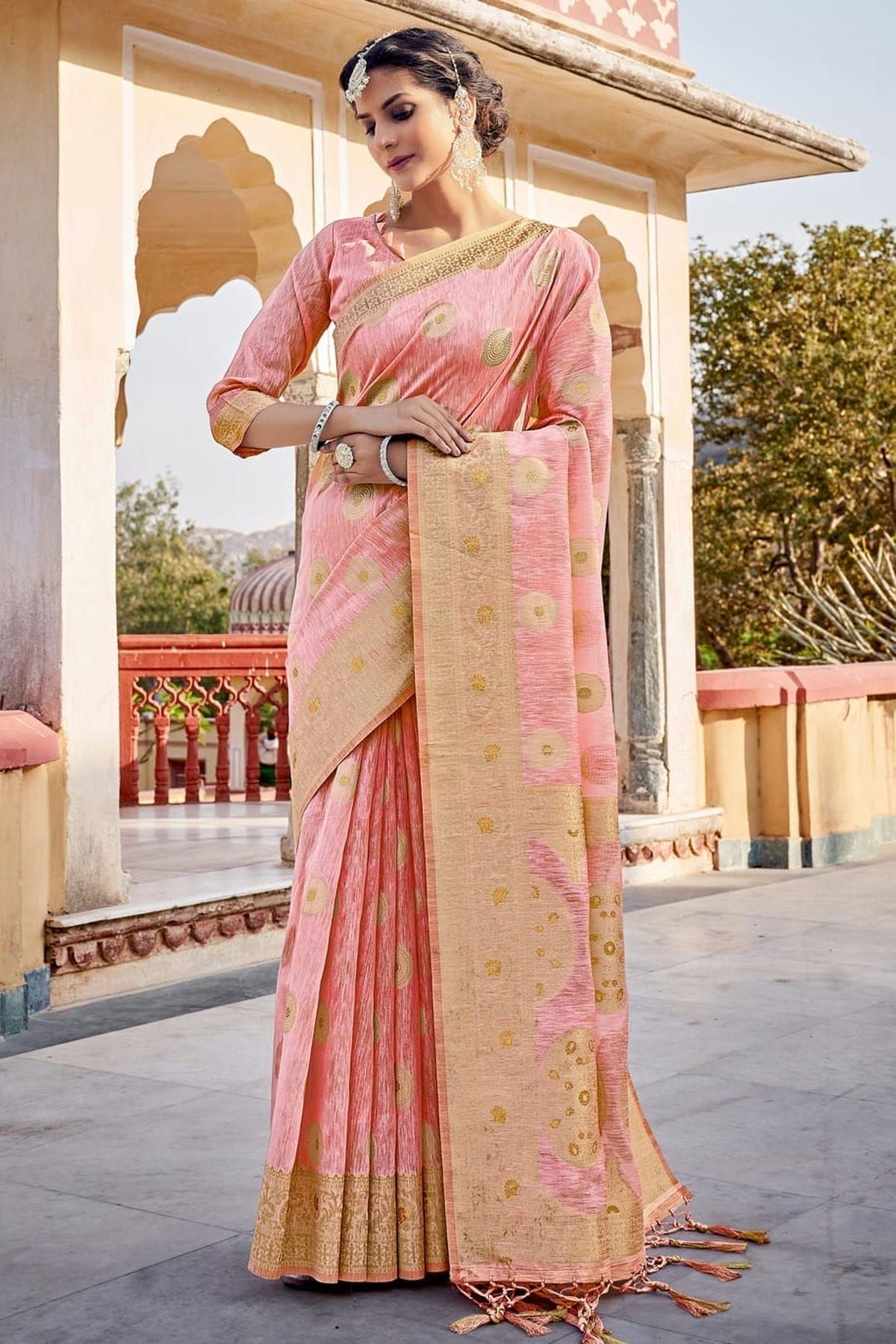 Baby Pink Colour Woven Work Linen Saree