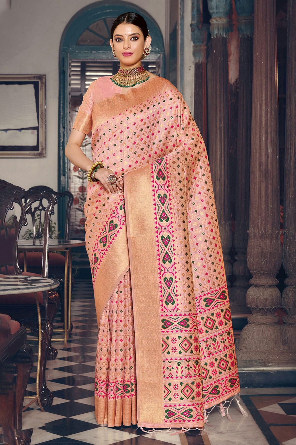 Baby Pink Colour Woven Work Patola Silk Saree