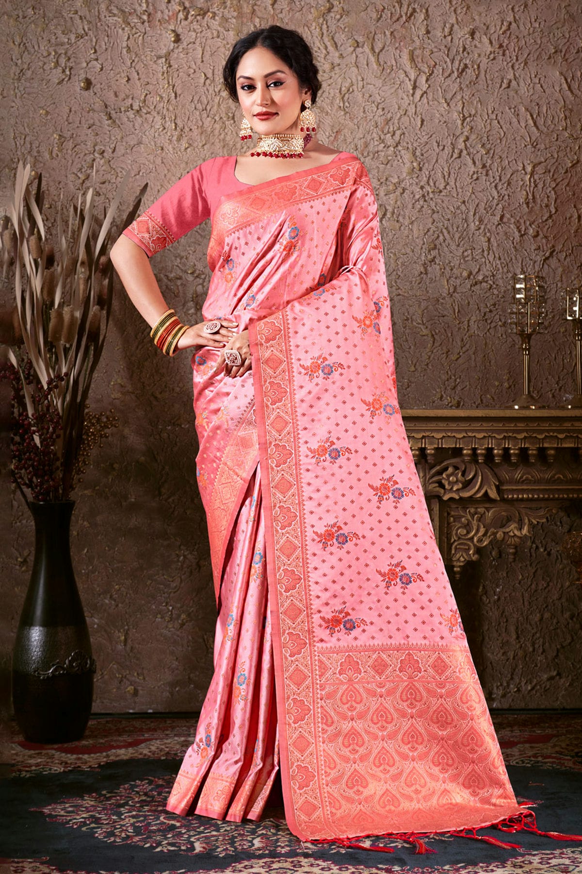 Baby Pink Colour Woven Work Silk Saree