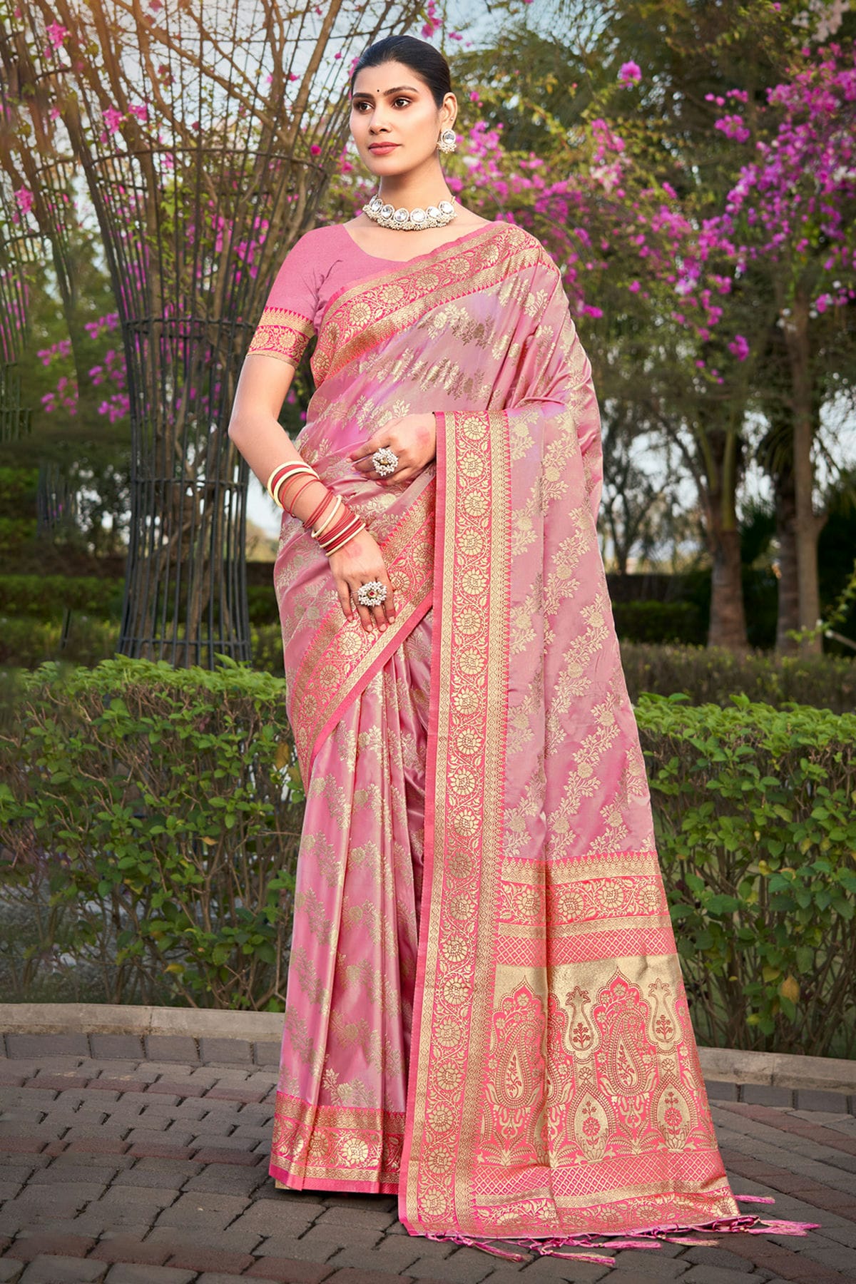 Baby Pink Colour Woven Work Stain Silk Saree